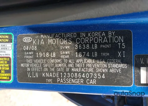 2008 Kia Rio Lx z USA, uszkodzony, nr VIN KNADE123086407354